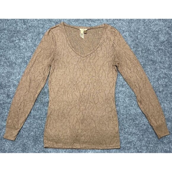 BKE Cased Pullover Sweater Womens M Brown Long Sleeve V Neck Open Knit - Picture 1 of 11